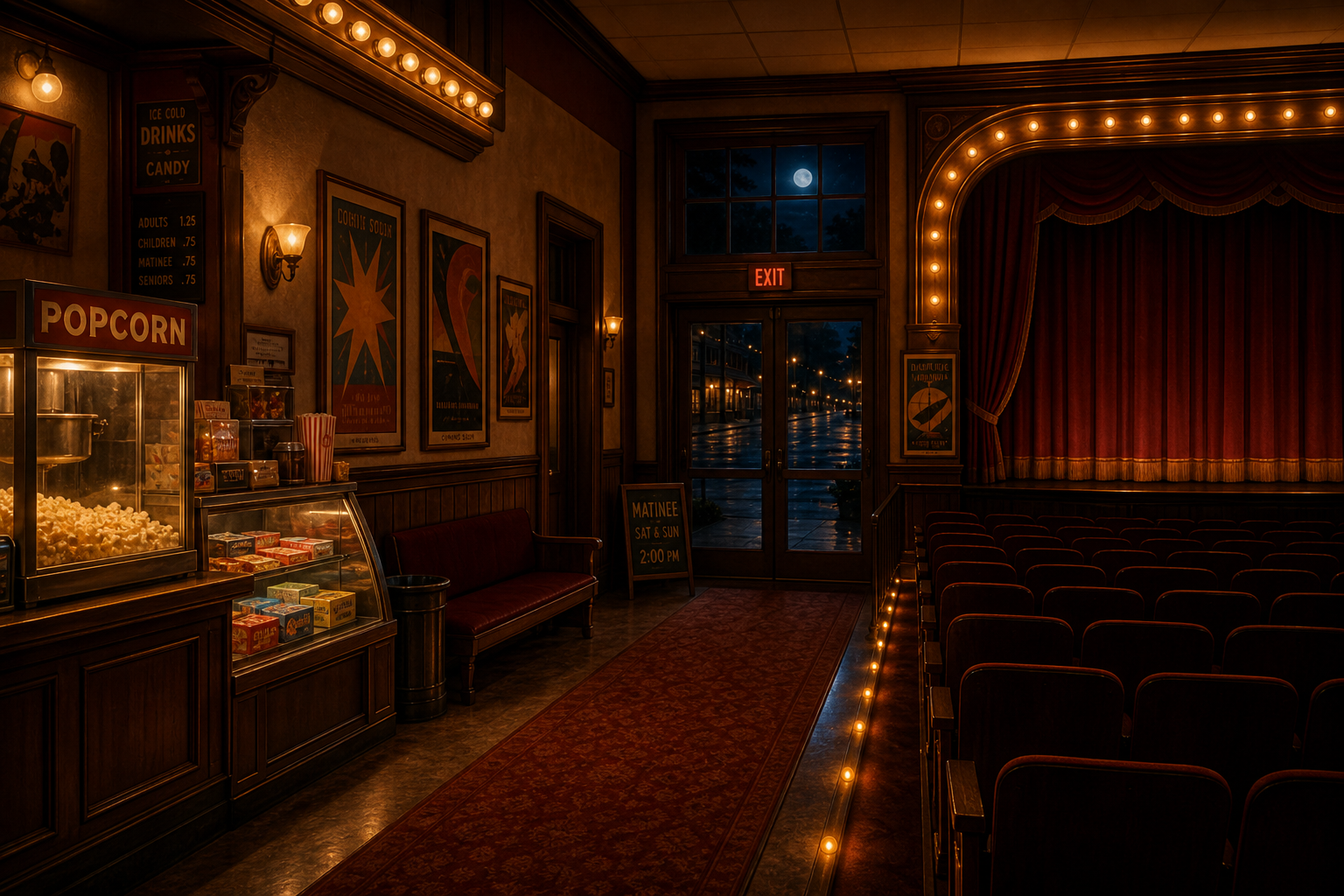 Inside Moonlight Bay Cinema at night — a warm small-town theater lobby with a glowing marquee feel, red velvet seats, a popcorn counter, vintage-style posters, soft aisle lights, and moonlight through the entry doors.